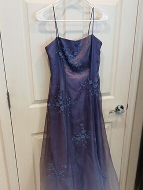 Niki Lavis Purple Beaded Spaghetti-Strap Gown
